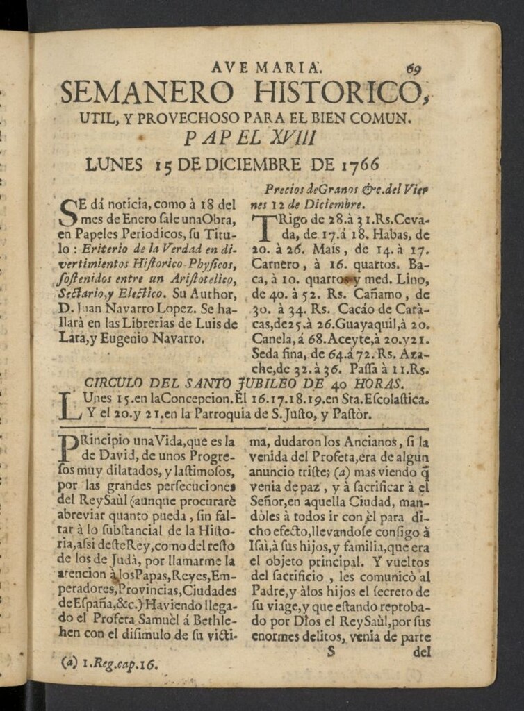 Miniatura de Semanero histórico, útil, y provechoso, para el bien común del 15 de diciembre de 1766, nº 18