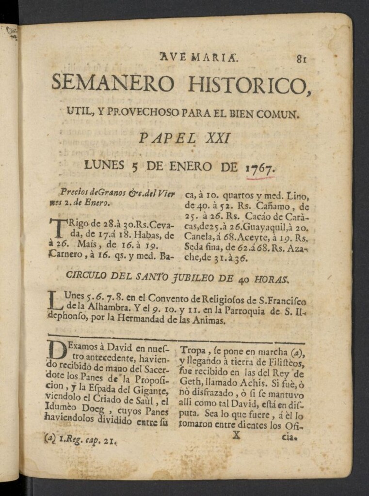 Miniatura de Semanero histórico, útil, y provechoso, para el bien común del 5 de enero de 1767, nº 21