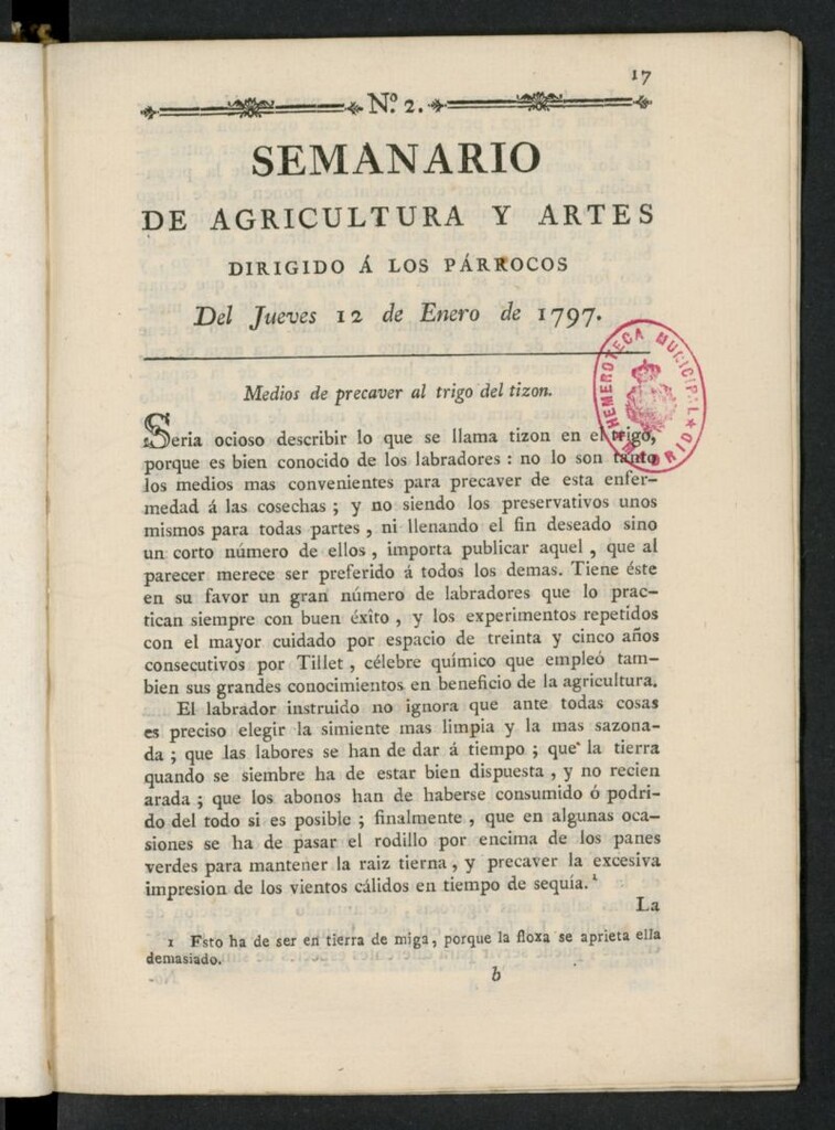 Miniatura de Semanario de Agricultura y Artes dirigido a los párrocos del 12 de enero de 1797, nº 2