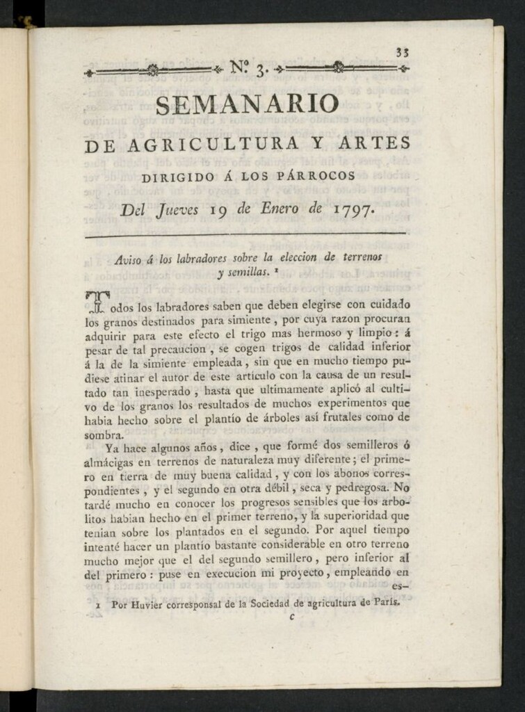 Miniatura de Semanario de Agricultura y Artes dirigido a los párrocos del 19 de enero de 1797, nº 3
