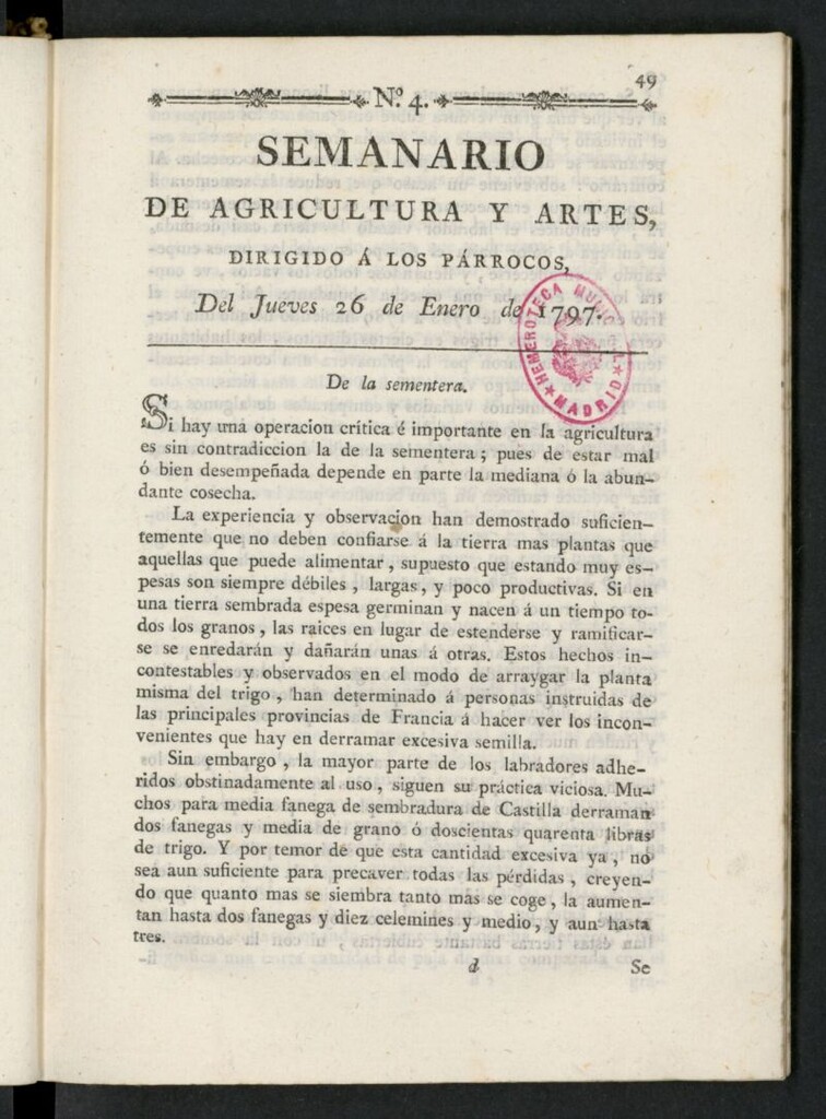 Miniatura de Semanario de Agricultura y Artes dirigido a los párrocos del 26 de enero de 1797, nº 4