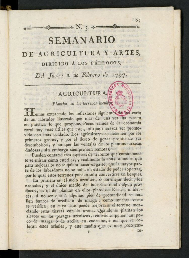 Miniatura de Semanario de Agricultura y Artes dirigido a los párrocos del 2 de febrero de 1797, nº 5