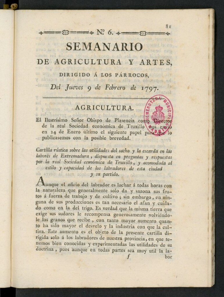 Miniatura de Semanario de Agricultura y Artes dirigido a los párrocos del 9 de febrero de 1797, nº 6