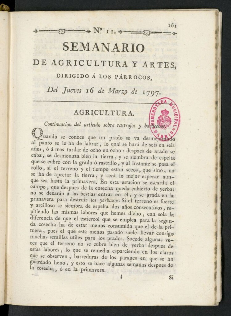 Miniatura de Semanario de Agricultura y Artes dirigido a los párrocos del 16 de marzo de 1797, nº 11