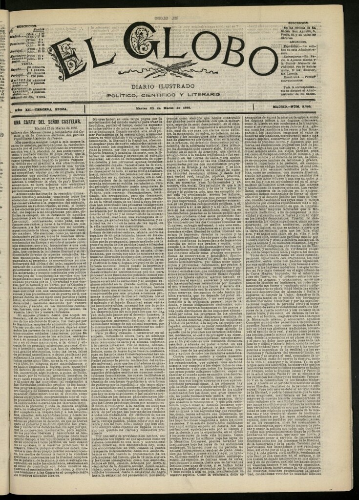 Miniatura de El Globo : diario ilustrado del 23 de marzo de 1886, nº 3798