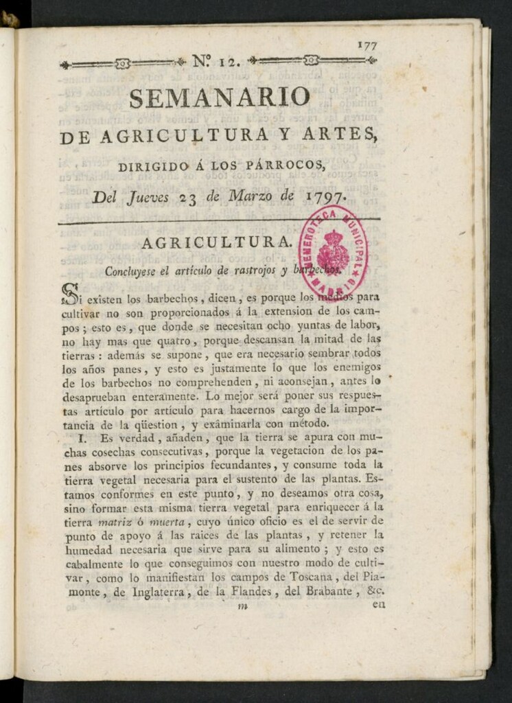 Miniatura de Semanario de Agricultura y Artes dirigido a los párrocos del 23 de marzo de 1797, nº 12