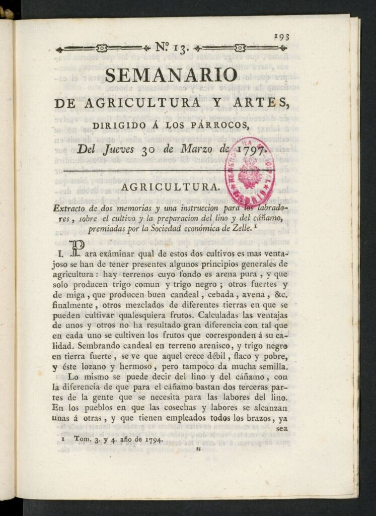 Miniatura de Semanario de Agricultura y Artes dirigido a los párrocos del 30 de marzo de 17897, nº 13