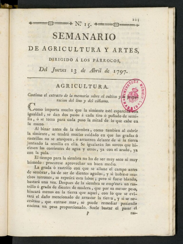 Miniatura de Semanario de Agricultura y Artes dirigido a los párrocos del 13 de abril de 1797, nº 15