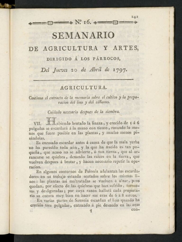 Miniatura de Semanario de Agricultura y Artes dirigido a los párrocos del 20 de abril de 1797, nº 16