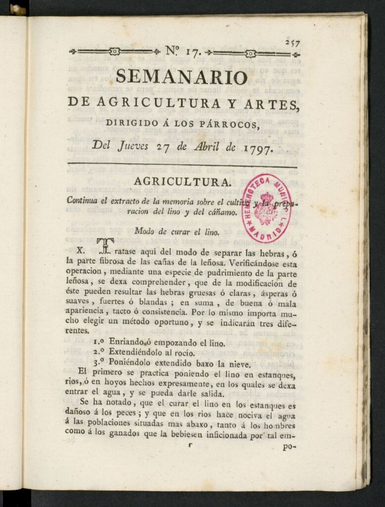 Miniatura de Semanario de Agricultura y Artes dirigido a los párrocos del 27 de abril de 1797, nº 17
