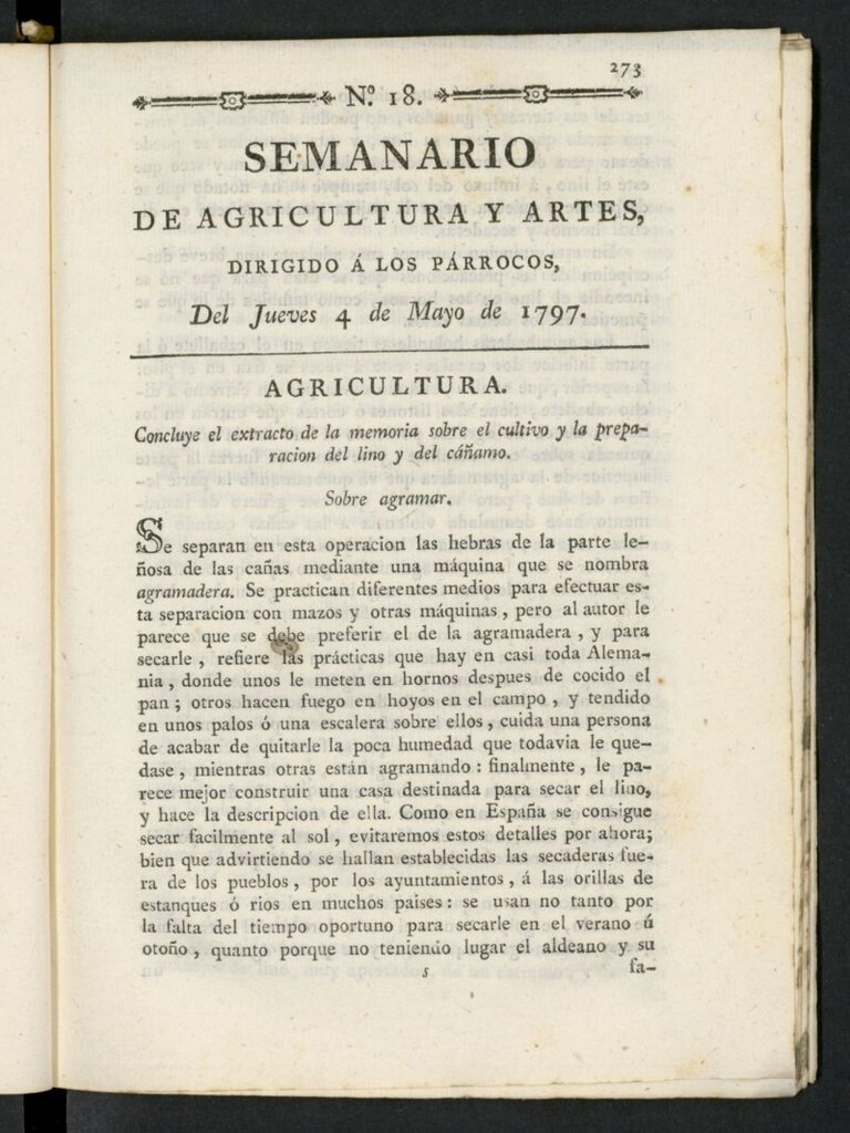 Miniatura de Semanario de Agricultura y Artes dirigido a los párrocos del 4 de mayo de 1797, nº 18