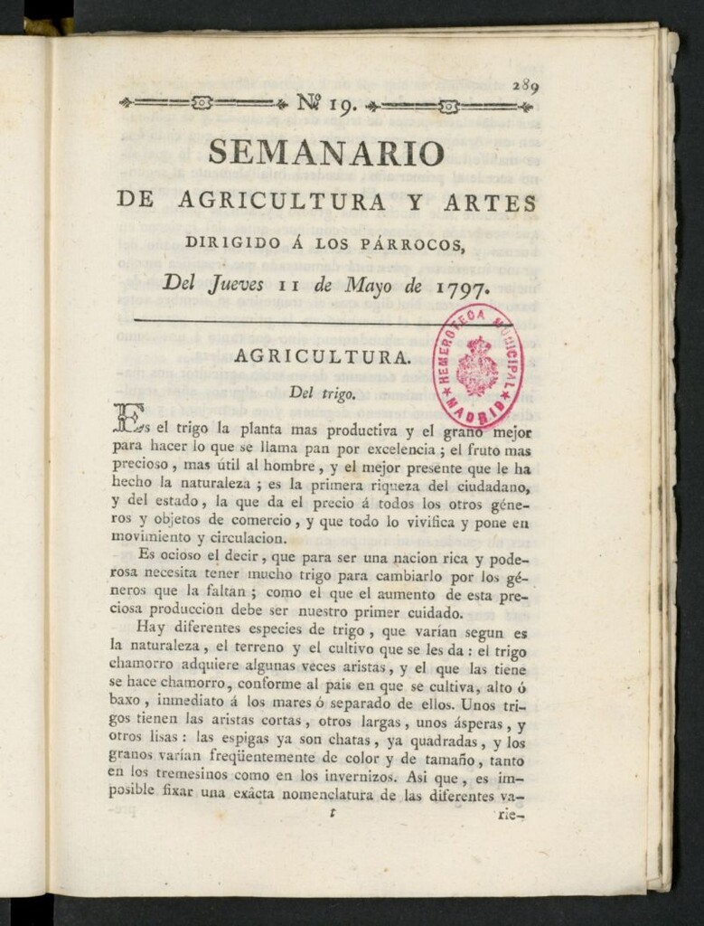 Miniatura de Semanario de Agricultura y Artes dirigido a los párrocos del 11 de mayo de 1797, nº 19