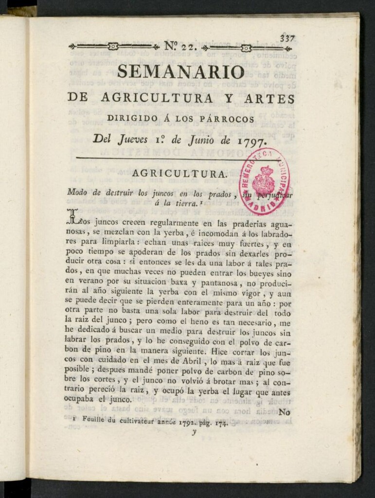 Miniatura de Semanario de Agricultura y Artes dirigido a los párrocos del 1 de junio de 1797, nº 22