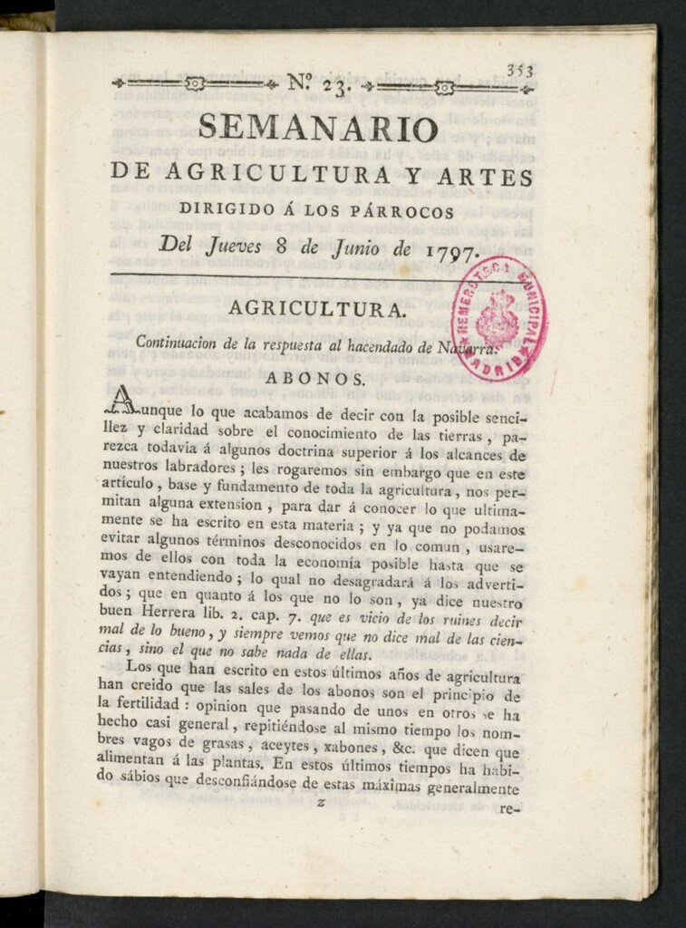 Miniatura de Semanario de Agricultura y Artes dirigido a los párrocos del 8 de junio de 1797, nº 23