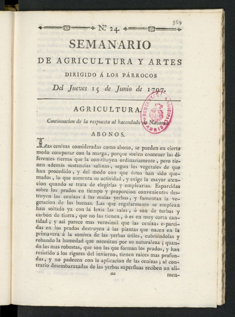Miniatura de Semanario de Agricultura y Artes dirigido a los párrocos del 15 de junio de 1797, nº 24
