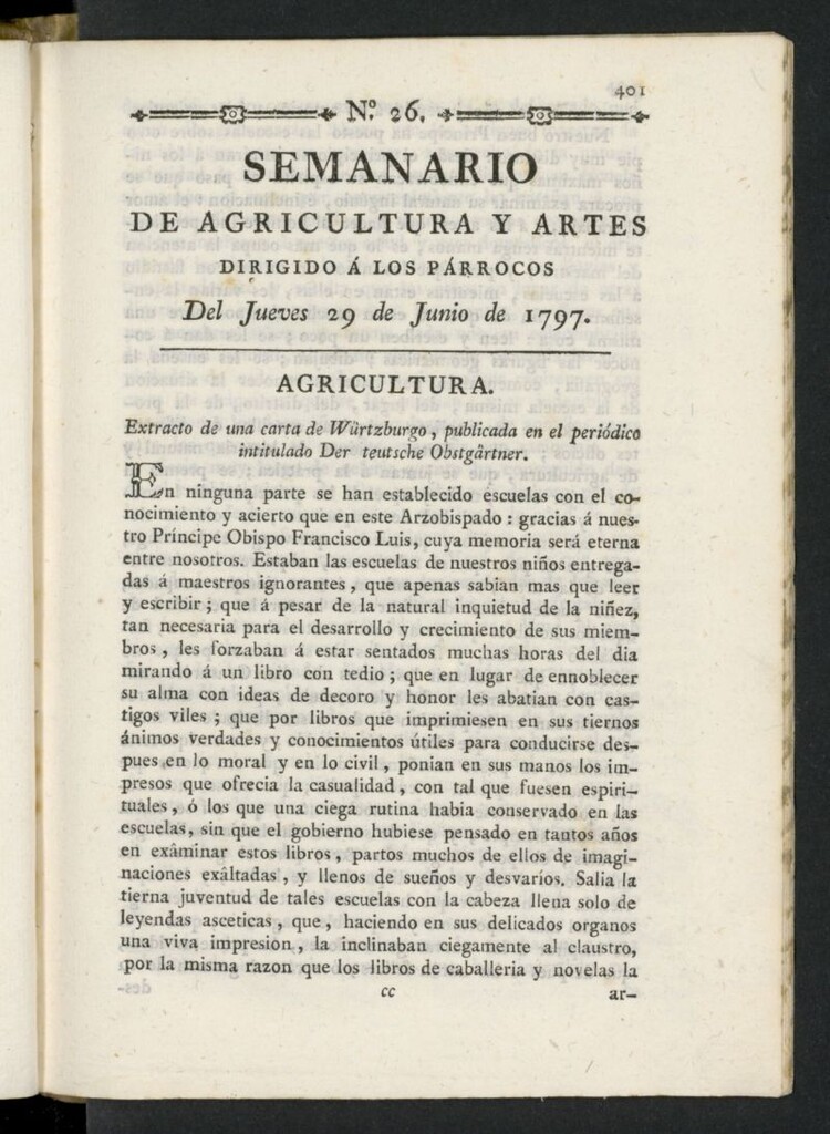Miniatura de Semanario de Agricultura y Artes dirigido a los párrocos del 29 de junio de 1797, nº 26