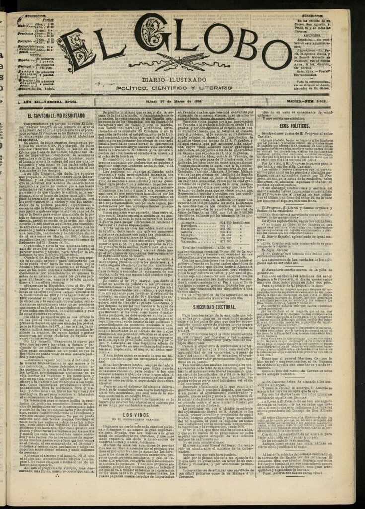 Miniatura de El Globo : diario ilustrado del 27 de marzo de 1886, nº 3802