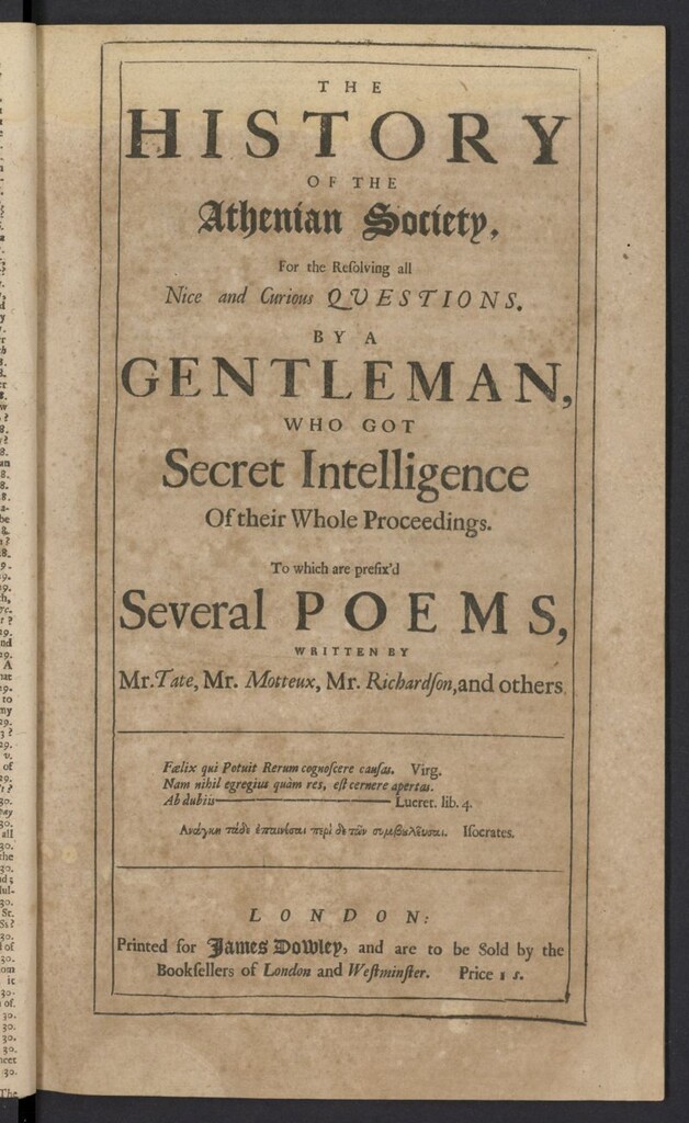 Miniatura de The Athenian Gazette or Casuistical Mercury de 1691, historia