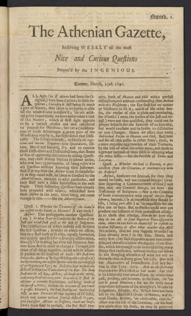 Miniatura de The Athenian Gazette or Casuistical Mercury del 17 de marzo de 1690 [sic], nº 1