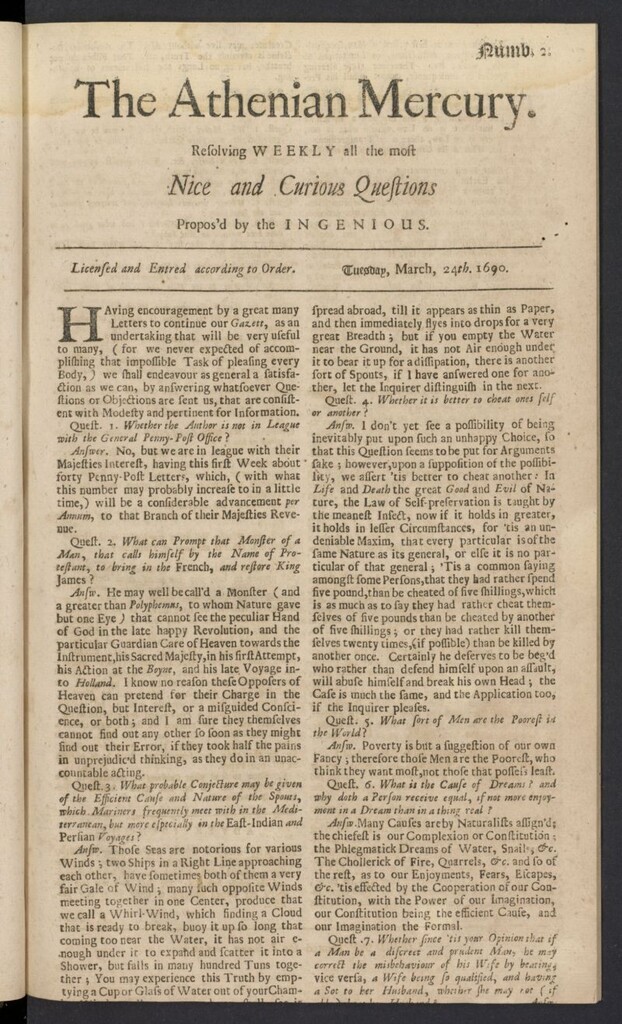 Miniatura de The Athenian Gazette or Casuistical Mercury del 24 de marzo de 1690 [sic], nº 2