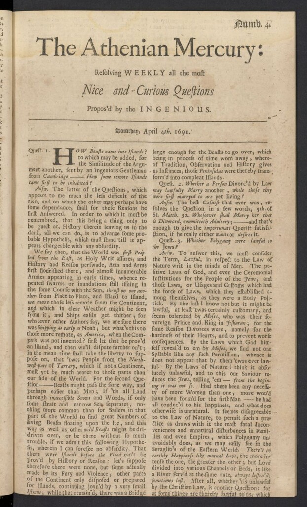 Miniatura de The Athenian Gazette or Casuistical Mercury del 4 de abril de 1691, nº 4