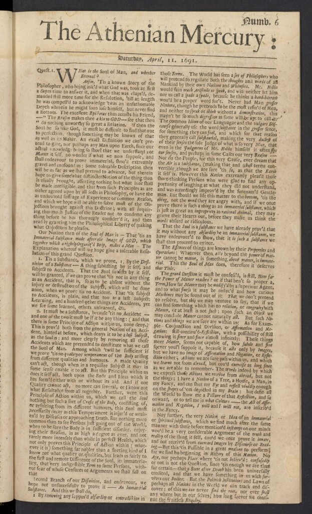 Miniatura de The Athenian Gazette or Casuistical Mercury del 11 de abril de 1691, nº 6