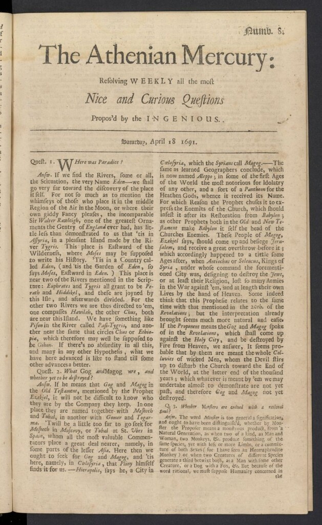 Miniatura de The Athenian Gazette or Casuistical Mercury del 18 de abril de 1691, nº 8