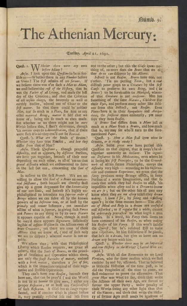 Miniatura de The Athenian Gazette or Casuistical Mercury del 21 de abril de 1691, nº 9