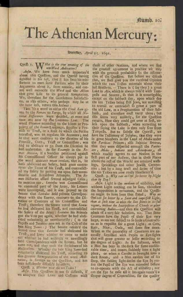 Miniatura de The Athenian Gazette or Casuistical Mercury del 25 de abril de 1691, nº 10