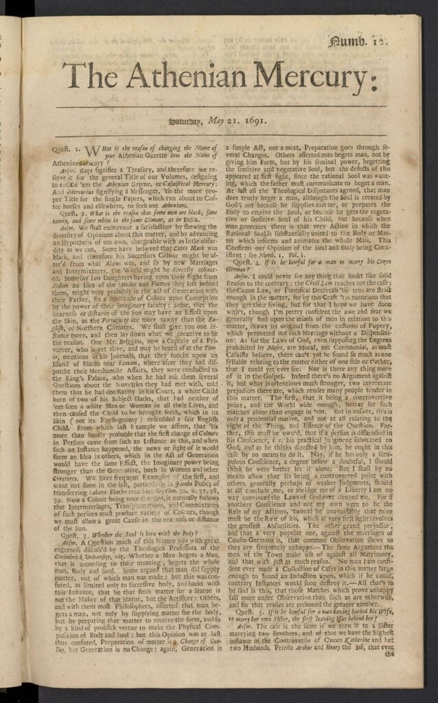 Miniatura de The Athenian Gazette or Casuistical Mercury del 21 [sic] de mayo de 1691, nº 12