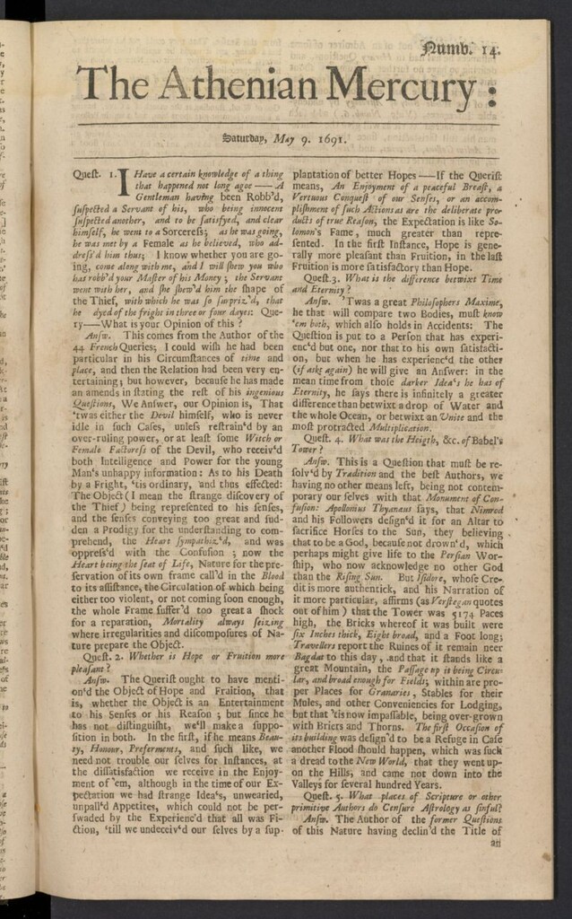 Miniatura de The Athenian Gazette or Casuistical Mercury del 9 de mayo de 1691, nº 14