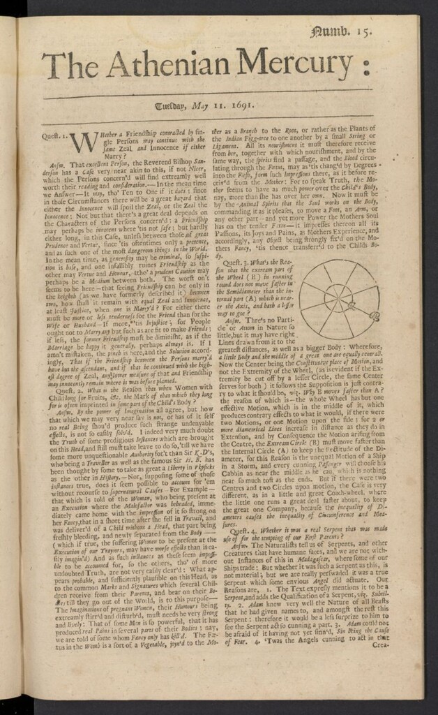 Miniatura de The Athenian Gazette or Casuistical Mercury del 11 de mayo de 1691, nº 15