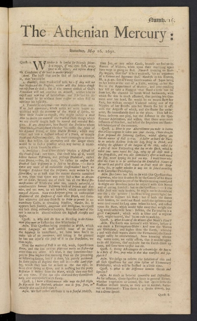 Miniatura de The Athenian Gazette or Casuistical Mercury del 16 de mayo de 1691, nº 16