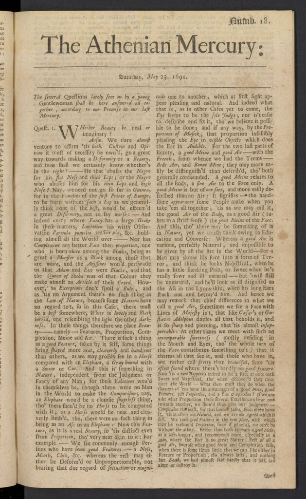 Miniatura de The Athenian Gazette or Casuistical Mercury del 23 de mayo de 1691, nº 18