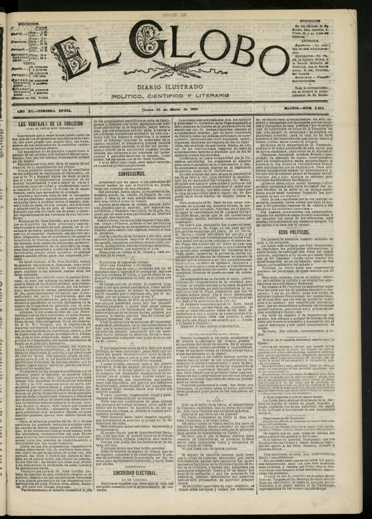 Miniatura de El Globo : diario ilustrado del 29 de marzo de 1886, nº 3804