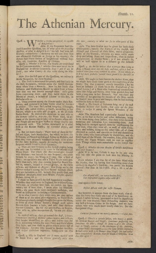 Miniatura de The Athenian Gazette or Casuistical Mercury. Tomo I de 1691, nº 21