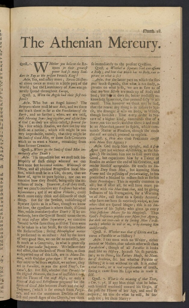 Miniatura de The Athenian Gazette or Casuistical Mercury. Tomo I de 1691, nº 28