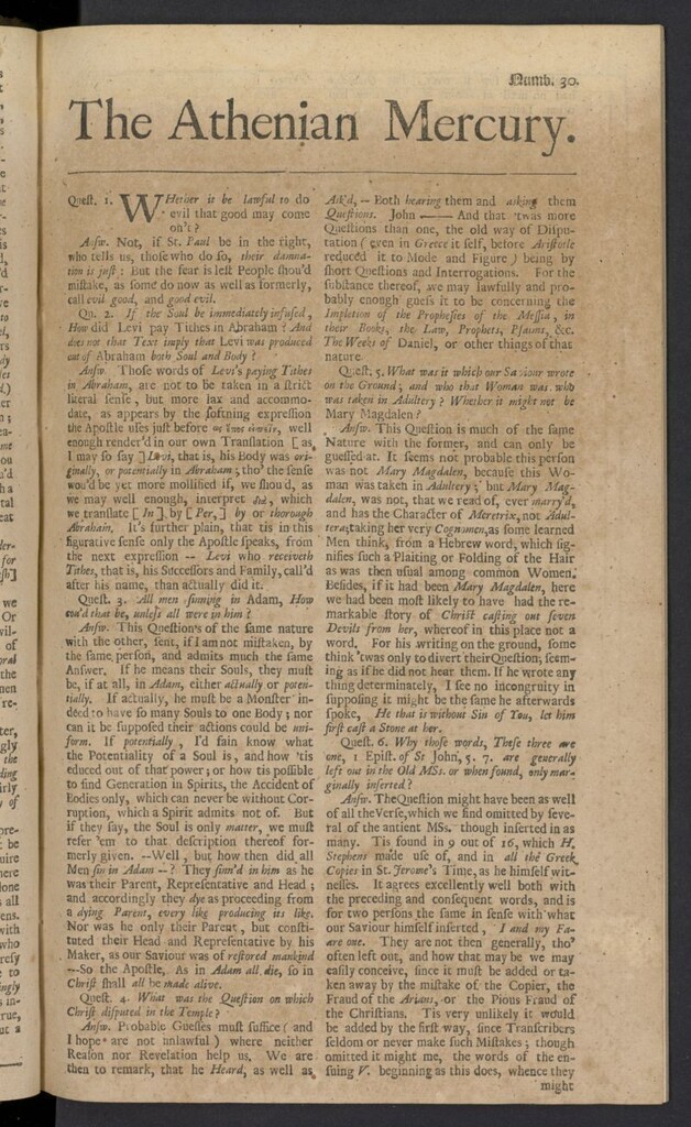 Miniatura de The Athenian Gazette or Casuistical Mercury. Tomo I de 1691, nº 30