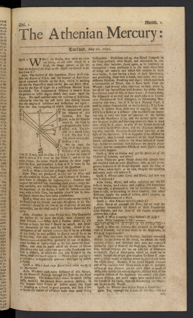 Miniatura de The Athenian Gazette or Casuistical Mercury del 26 de mayo de 1691, nº 1