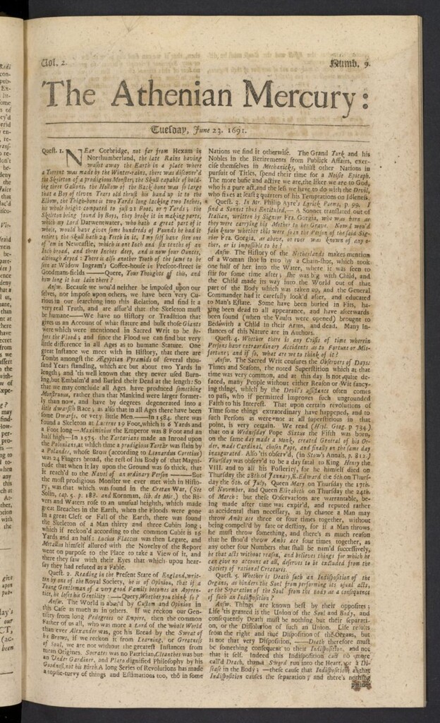 Miniatura de The Athenian Gazette or Casuistical Mercury del 23 de junio de 1691, nº 9