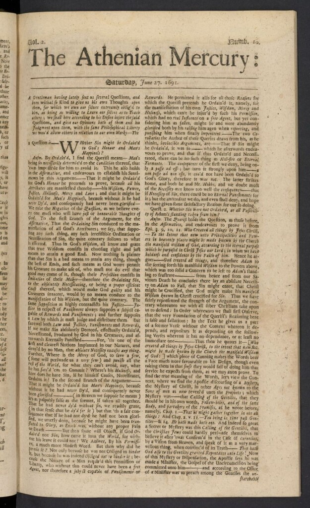 Miniatura de The Athenian Gazette or Casuistical Mercury del 27 de junio de 1691, nº 10