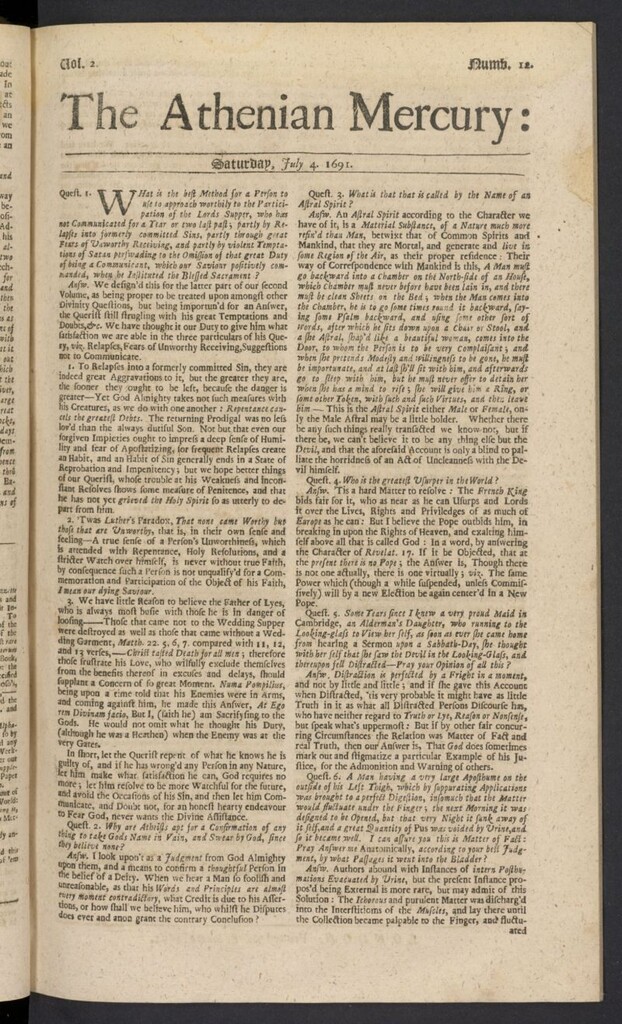 Miniatura de The Athenian Gazette or Casuistical Mercury del 4 de julio de 1691, nº 12