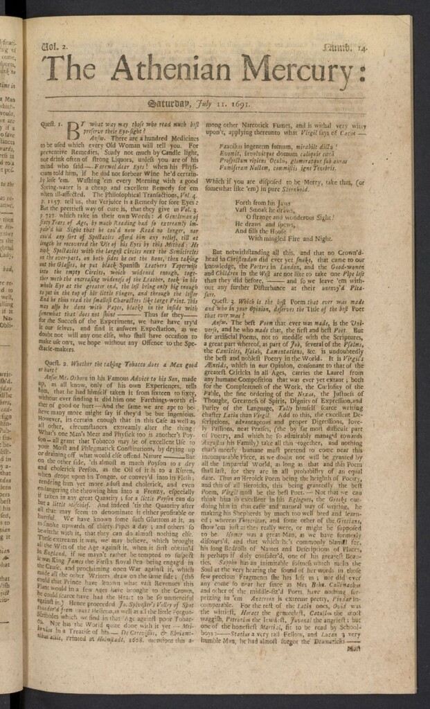 Miniatura de The Athenian Gazette or Casuistical Mercury del 11 de julio de 1691, nº 14