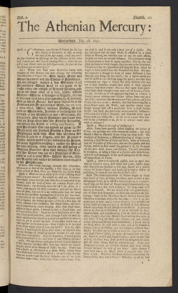 Miniatura de The Athenian Gazette or Casuistical Mercury del 18 de julio de 1691, nº 16