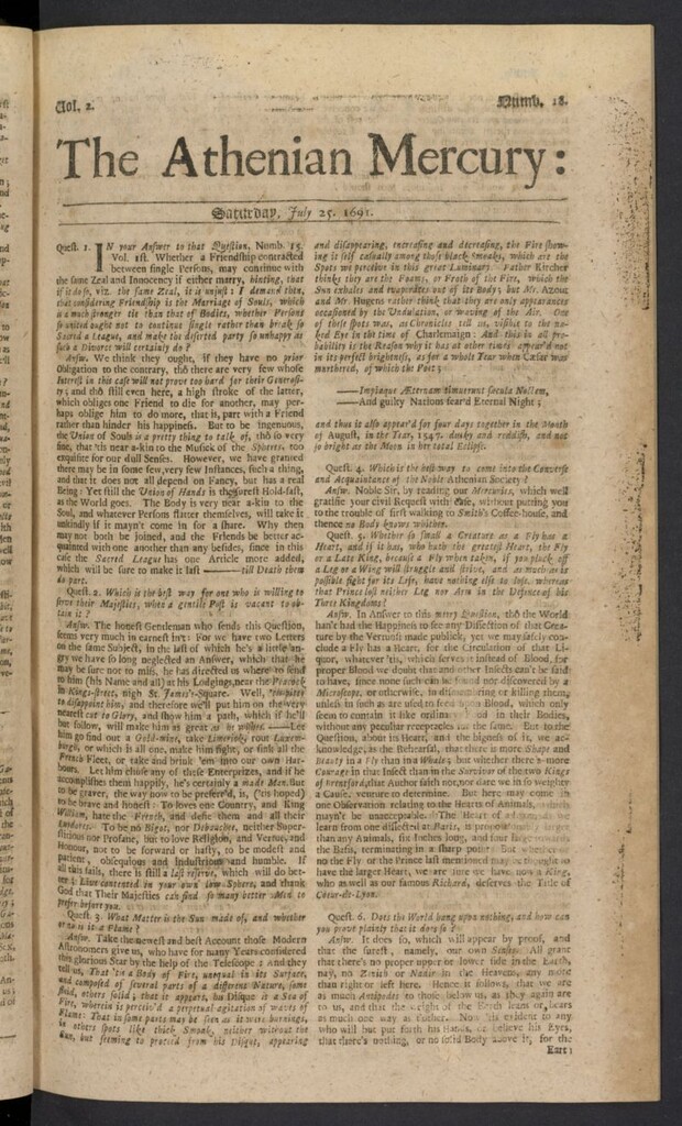 Miniatura de The Athenian Gazette or Casuistical Mercury del 25 de julio de 1691, nº 18