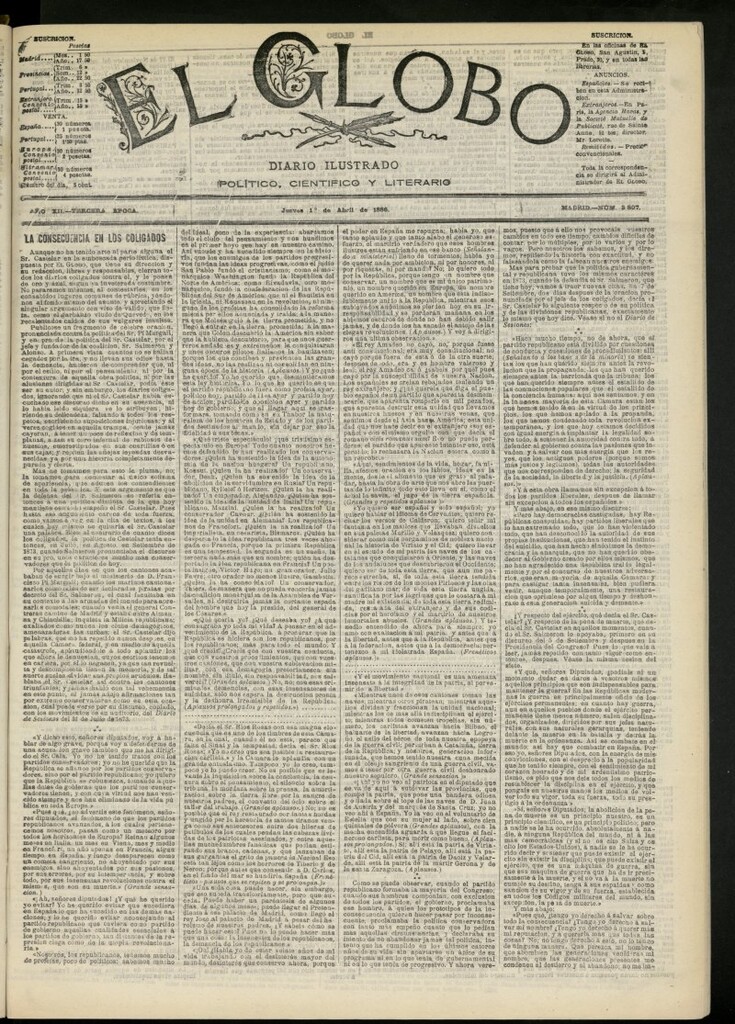 Miniatura de El Globo : diario ilustrado del 1 de abril de 1886, nº 3807