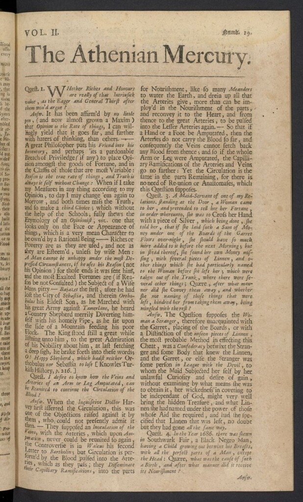 Miniatura de The Athenian Gazette or Casuistical Mercury. Tomo II de 1691, nº 19