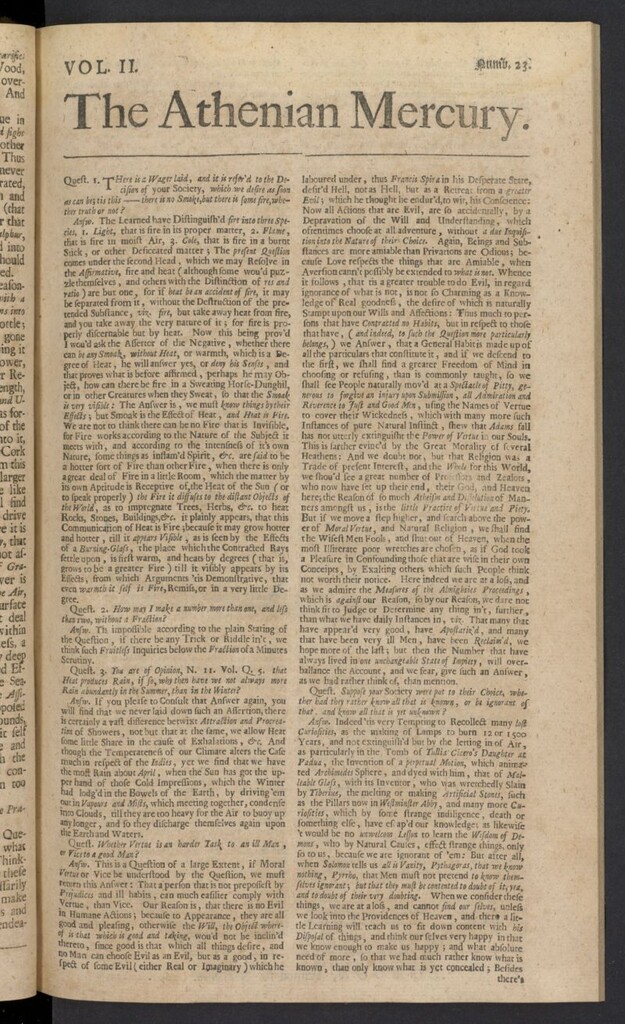 Miniatura de The Athenian Gazette or Casuistical Mercury. Tomo II de 1691, nº 23