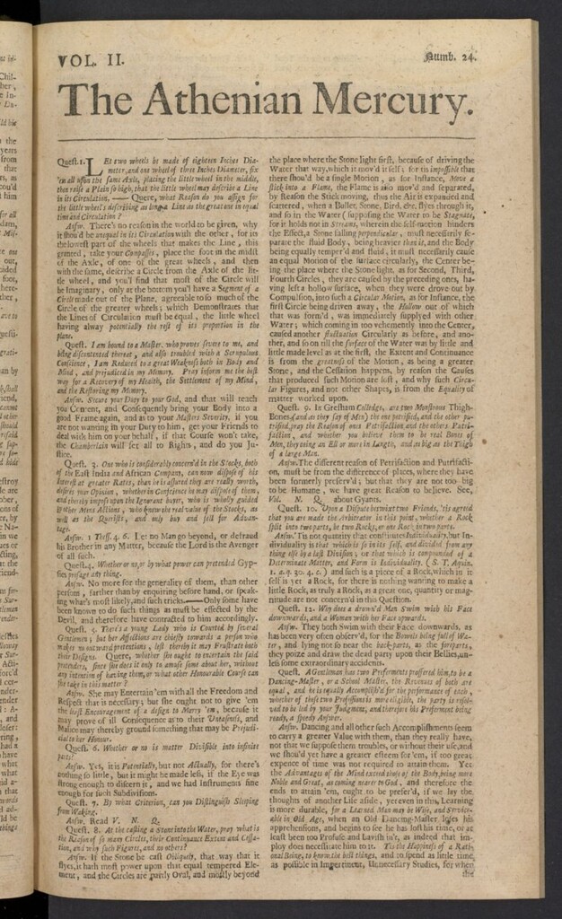 Miniatura de The Athenian Gazette or Casuistical Mercury. Tomo II de 1691, nº 24