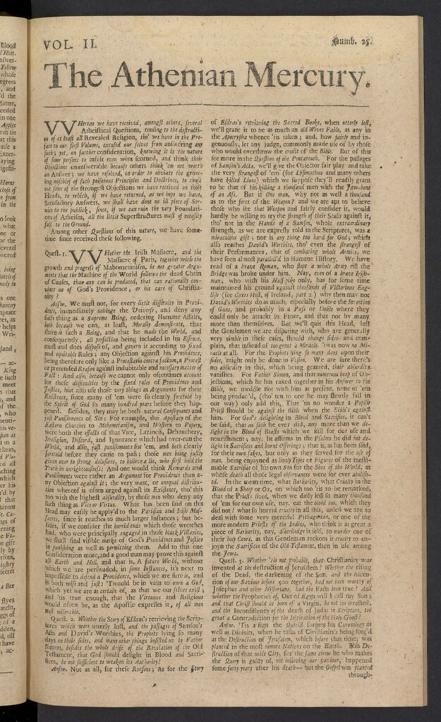 Miniatura de The Athenian Gazette or Casuistical Mercury. Tomo II de 1691, nº 25
